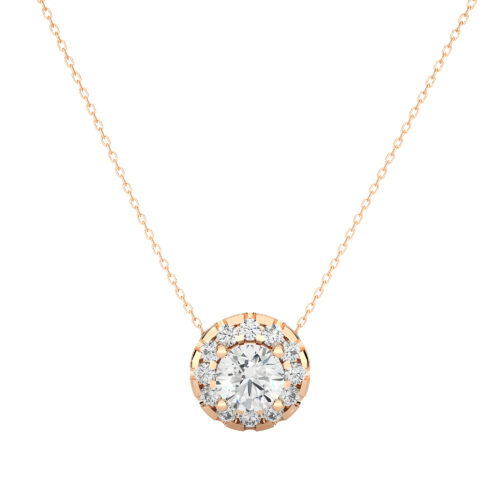 Solitaire on diamond halo pandant with chain  - Rose Gold