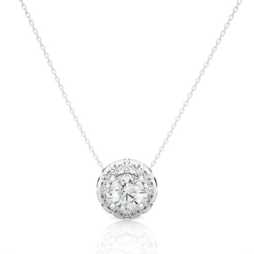Solitaire on diamond halo pandant with chain  - White Gold