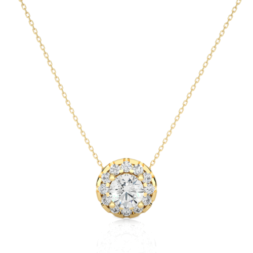 Solitaire on diamond halo pandant with chain  - Yellow Gold