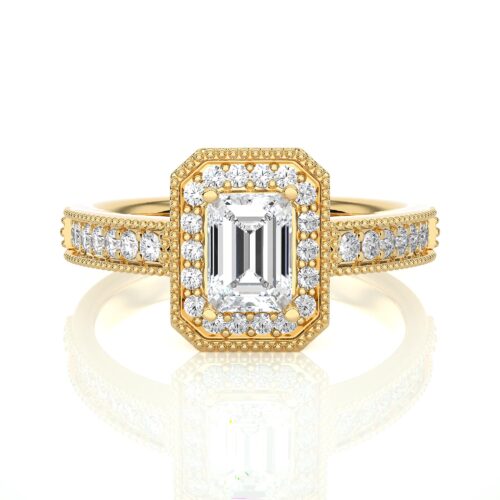 Emerald cut diamond solitaire with halo and diamond band  - Yellow Gold